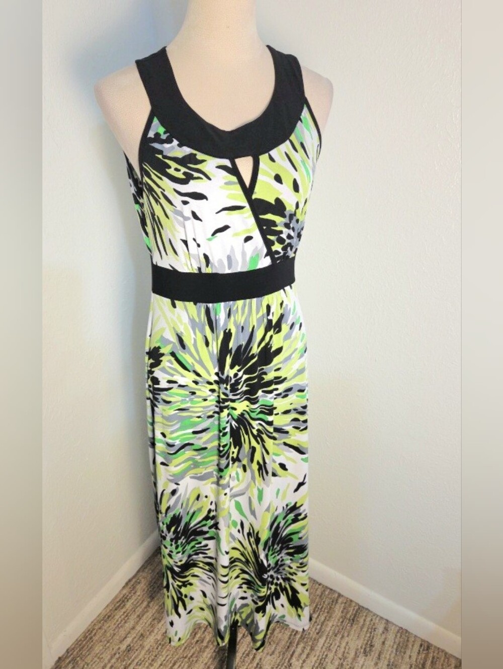 Susan Lawrence Green, White & Black Floral Burst Maxi Dress Black Trim Sz Small - Picture 8 of 9